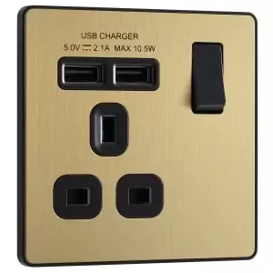 Image of BG Evolve Brushed Brass 13A Single Switched Power Socket & 2 x USB (2.1A)