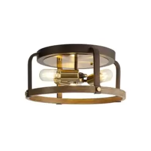 Image of Luminosa Lighting - Luminosa Goshen Flush Round 3 Light E27, Antique Bronze, Brown Oxide, Wood