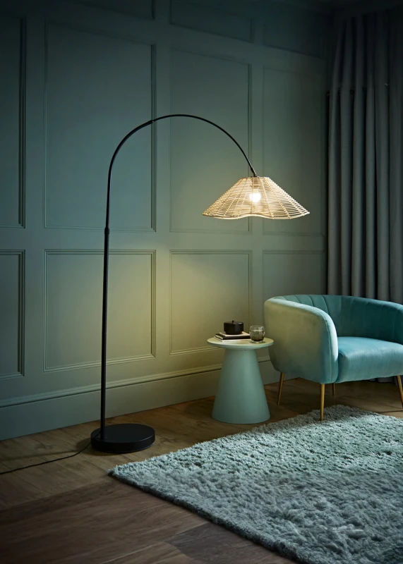 Image of ValueLights Louis Black Arched Curved Floor Lamp with Natural Wicker Tapered Lamp Shade Natural