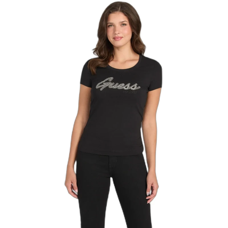 Image of Guess Womens T-Shirt Guess Logo Hot Fix Noir Female L