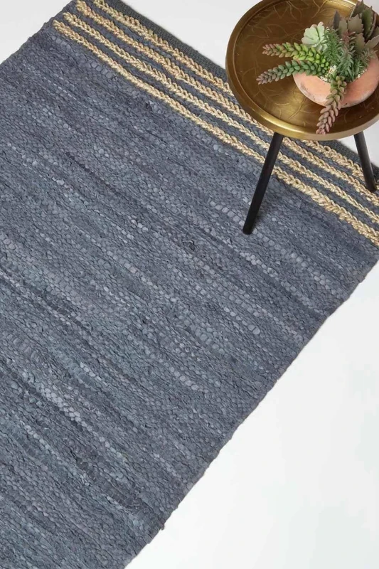 Image of HOMESCAPES Homescapes - Grey Recycled Leather Handwoven Stripe Rug, 160 x 230cm RU1412E