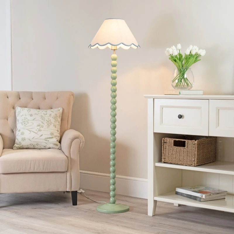 Image of ValueLights Bobbins Sage Green Floor Lamp with Tapered Linen Scallop Shade and LED Bulb Blue