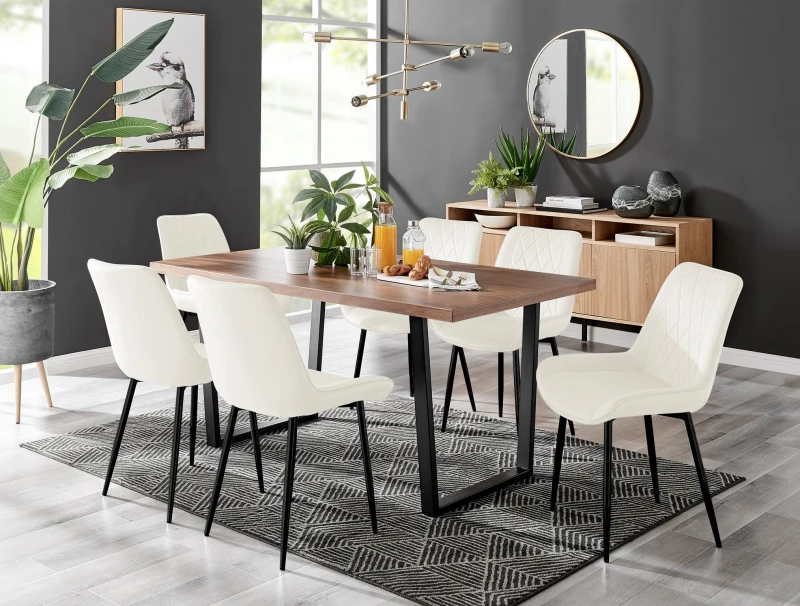 Image of FurnitureboxUK FurnitureboxUK Kylo Large Brown Wood Effect Dining Table & 6 Pesaro Velvet Black Leg Chairs in Cream Cream One Size Unisex 505654267200