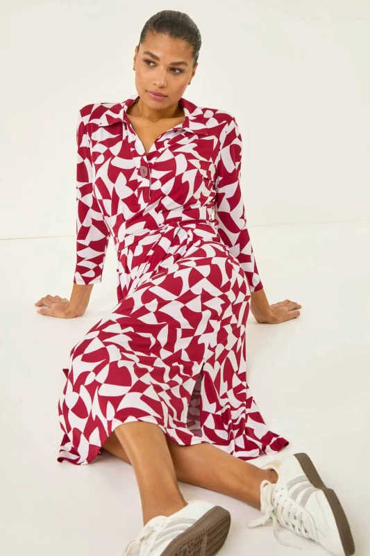 Image of Roman Womens Abstract Geometric Shirt Dress in Red Size: 20 Red Female 20