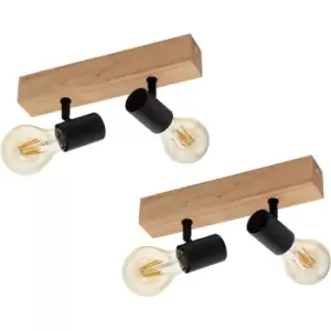 Image of 2 PACK Wall Light Colour Brown Wood Back Plate Black Bulb Holder Bulb E27 2x60W