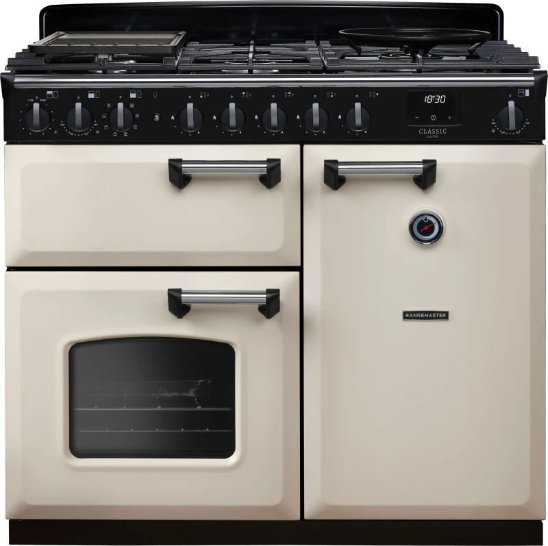 Image of Rangemaster Classic Deluxe 100 Dual Fuel CLDL100DFPPCR/CM1 100cm wide Dual Fuel Range Cooker with Gas Hob - Pale Cream / Chrome - A Rated