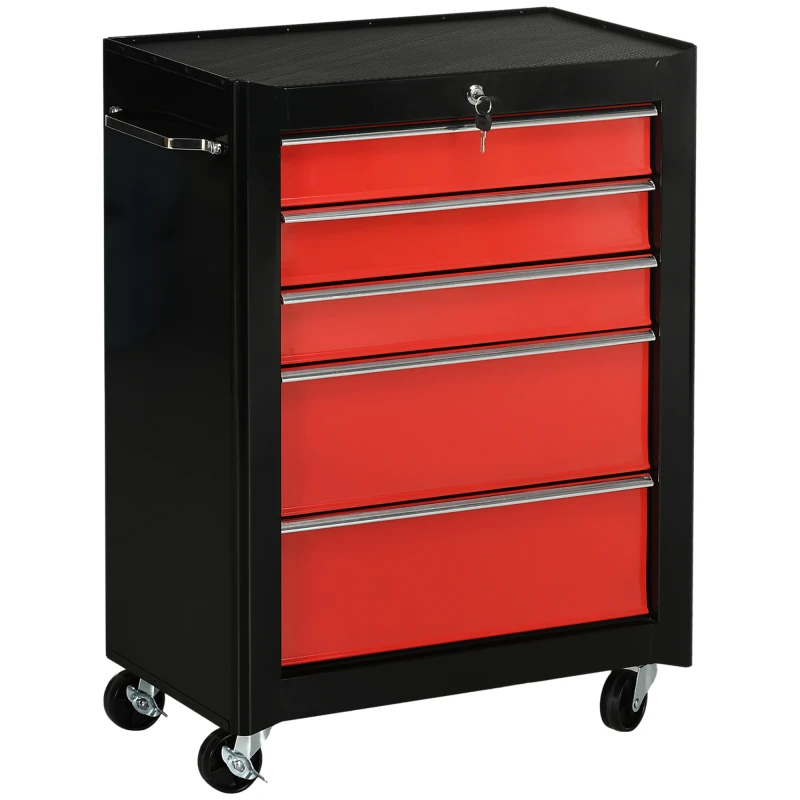 Image of HOMCOM Tool Chest with 5 Drawers, Lockable Steel Storage Cabinet on Wheels with Handle, Red, for Garages & Workshops Aosom UK