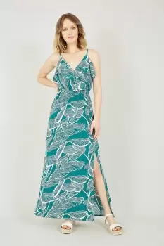 Image of Green Tropical Print Maxi Frill Dress