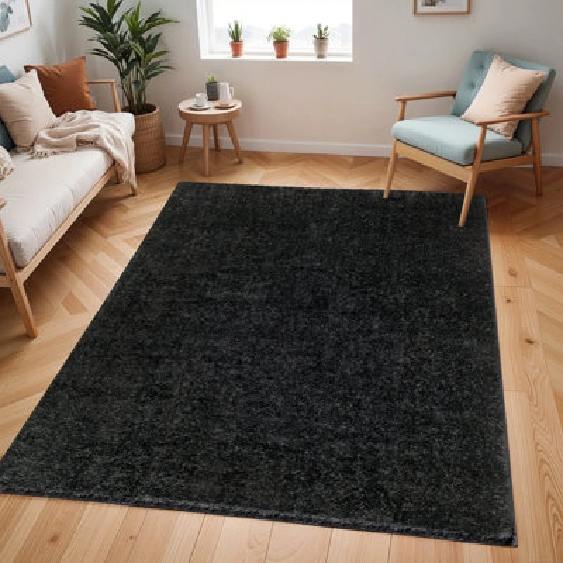Image of Livabliss Shaggy Solid Color Plush Pile Black Claire Area Rug 120 X 170 Cm - Easy Care, Non Shedding, Ideal For Living Room & Bedroom