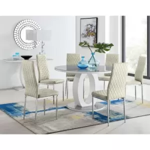 Image of Furniturebox UK - Furniturebox Giovani Grey 120cm Round Dining Table and 6 Cream Velvet Milan Dining Chairs With Silver Legs