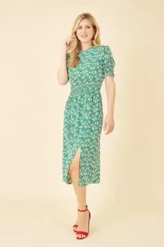 Image of Green Floral Print Shirred Waist Midi Dress