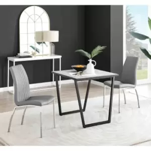 Image of Furniture Box Carson White Marble Effect Square Dining Table and 2 Grey Isco Chairs
