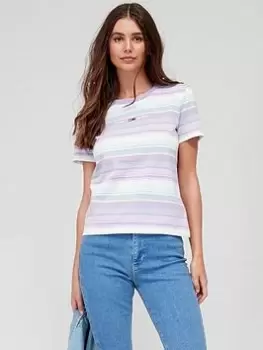 Image of Tommy Jeans Linear Logo Stripe Sustainable Tee - Lilac, Lilac Size XS Women