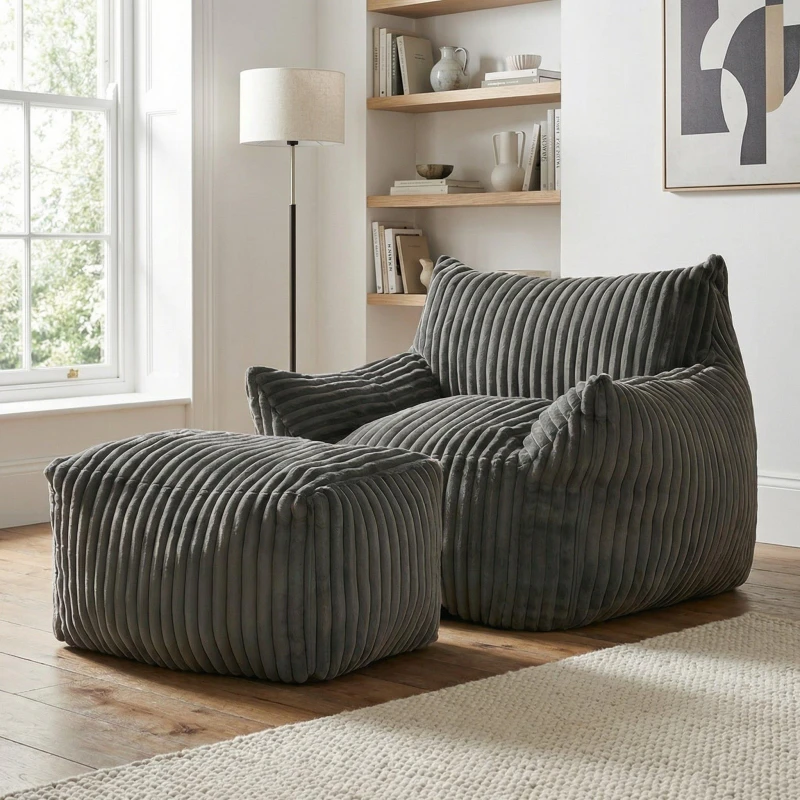 Image of Urban Meuble Corduroy Bean Bag Chair with Footrest Dark Grey unisex One Size