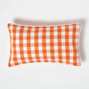 Image of Orange Block Check Cotton Gingham Cushion Cover, 30 x 50cm - Orange - Homescapes