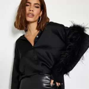 Image of I Saw It First Satin Feather Sleeve Shirt - Black