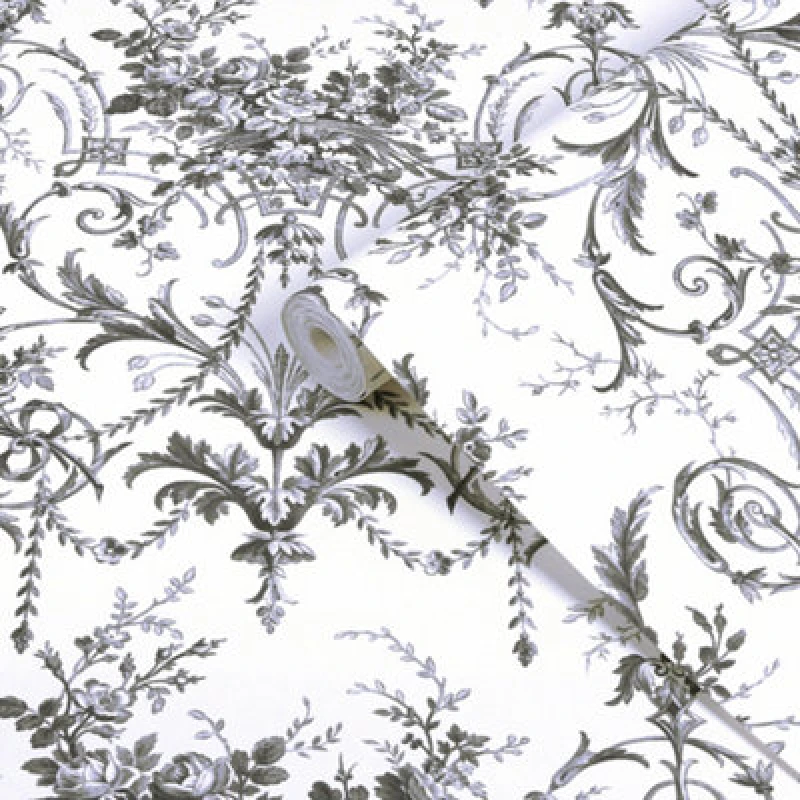 Image of Laura Ashley White & Charcoal Grey Tuileries Smooth Wallpaper