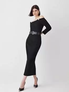 Image of Karen Millen Structured Crepe Off Shoulder Pencil Dress - Black, Size 10, Women