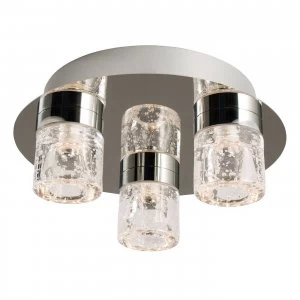 Image of 3 Light Bathroom Flush Ceiling Light Chrome, Clear Glass with Bubbles IP44