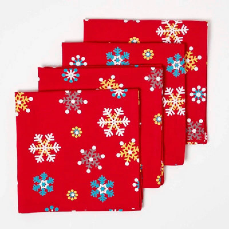 Image of Homescapes Christmas Snowflake Cotton Fabric 4 Napkins Set Red
