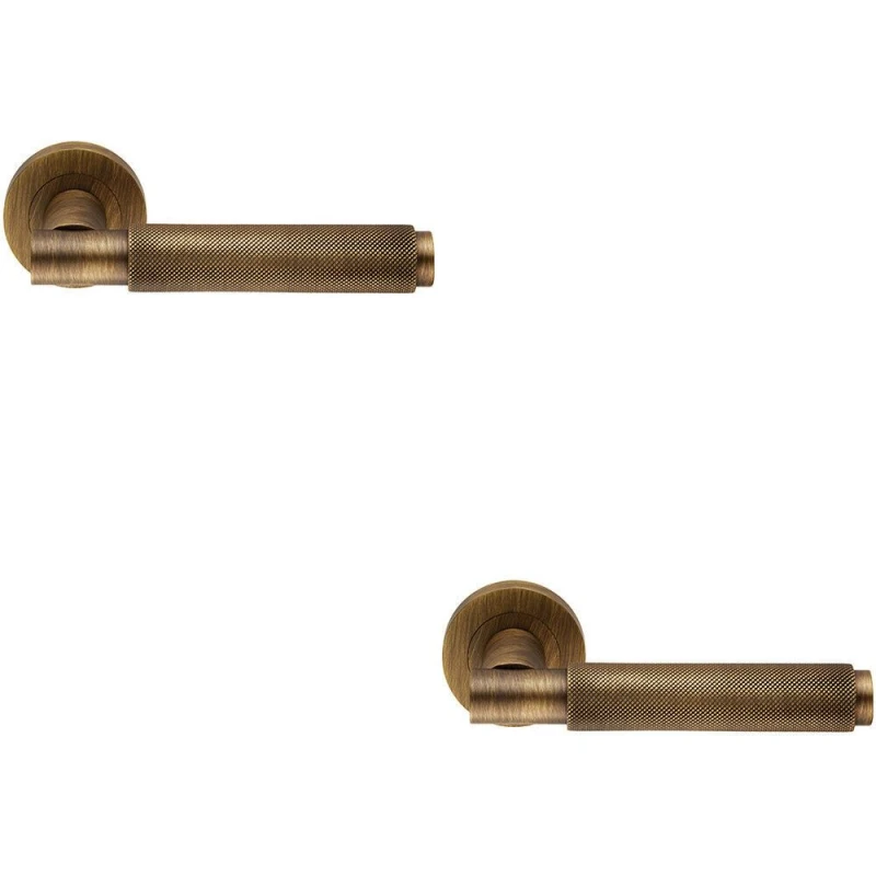 Image of Loops 2x PAIR Knurled Grip Round Bar Handle on Round Rose Concealed Fix Antique Brass Metallics