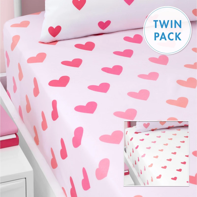 Image of Catherine Lansfield Hearts and Stripes Two Pack Bed Linen Fitted Sheets Pink White