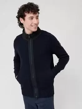 Image of BOSS Kabredo Zip Through Knitted Sweatshirt - Dark Blue, Dark Blue, Size S, Men