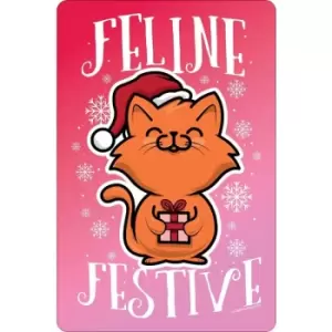 Image of Greet Tin Card Feline Festive Christmas Plaque (One Size) (Pink/White/Orange) - Pink/White/Orange
