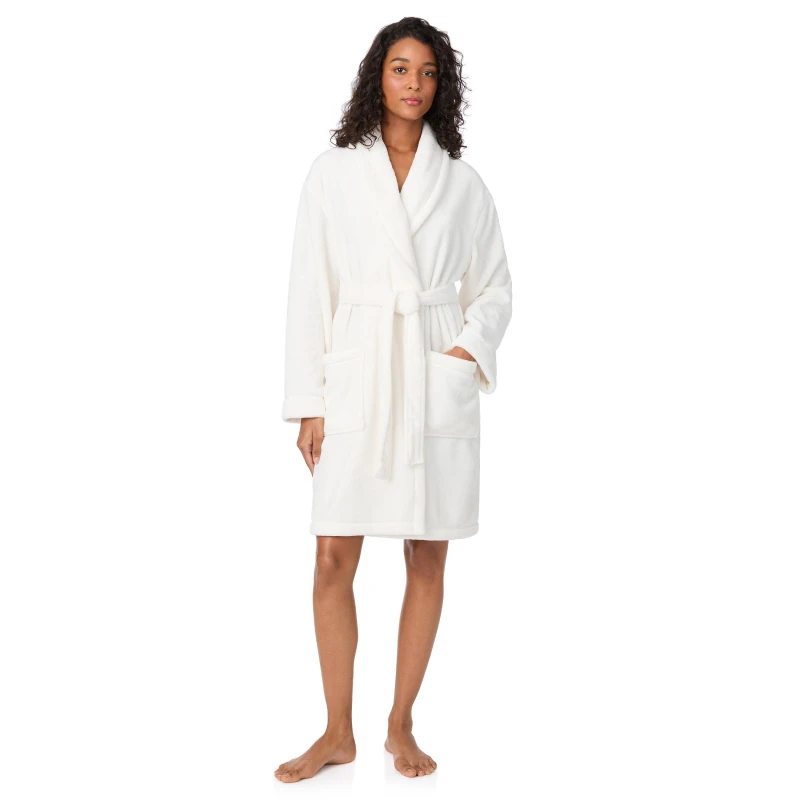 Image of DKNY Womens Plush Relaxed Fit Dressing Gown Cream female 14 (L)