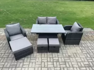 Image of Fimous 4 Seater Outdoor Dark Grey Rattan Lounge Complete Sofa Set with Height Adjustable Table, 2 Stools and Big Footstool