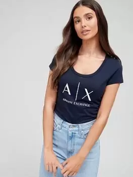 Image of Armani Exchange Armani Pure Cotton Scoop Neck Logo Tee - Navy, Size S, Women