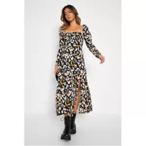 Image of I Saw It First Smudge Print Square Neck Puff Sleeve Midi Dress - Brown