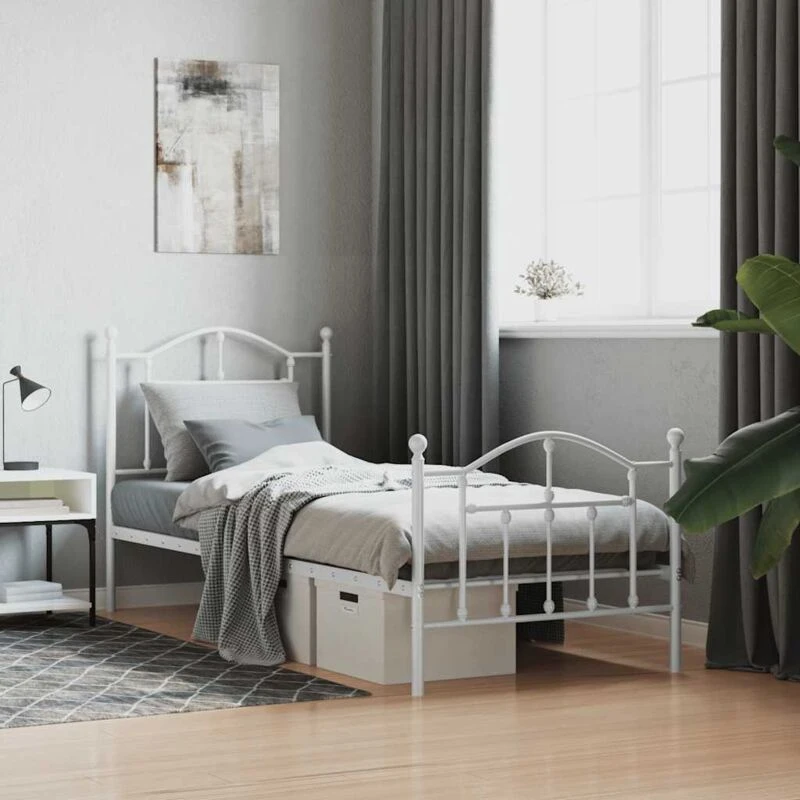 Image of Vidaxl Metal Bed Frame Without Mattress With Footboard White 90X200 Cm, White 353499