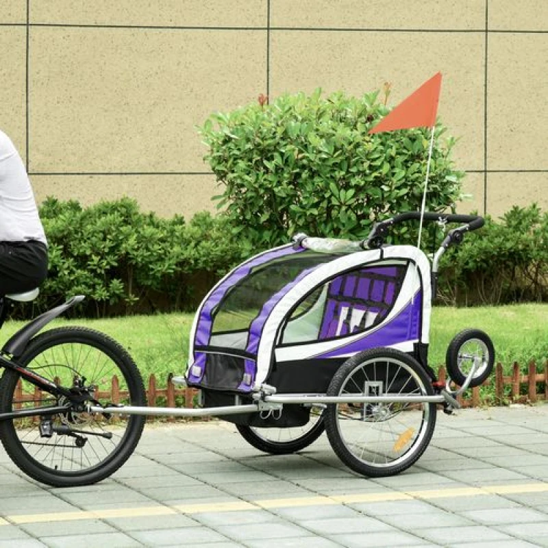 Image of HOMCOM 2-in-1 Kids 2 Seat Bicycle Trailer/Stroller - Purple, Purple 440-001VT