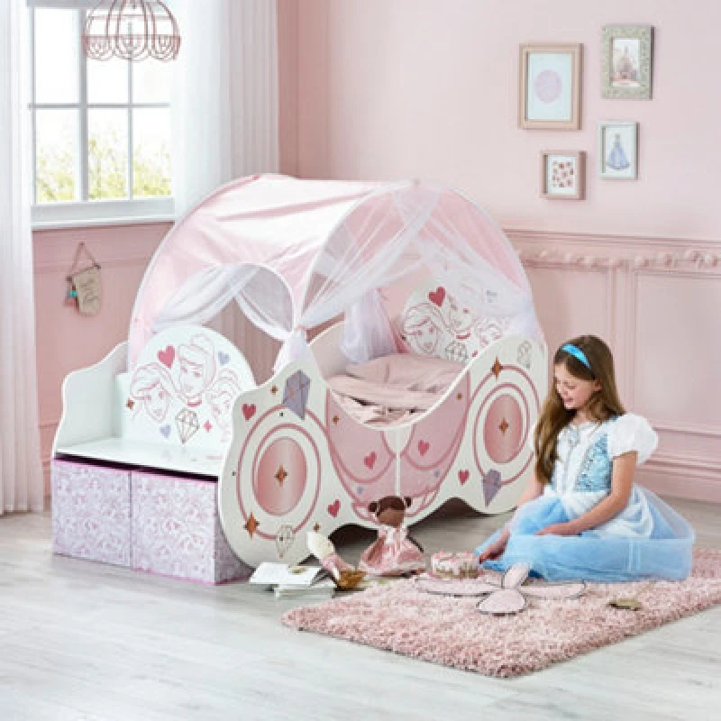 Image of Disney Princess Carriage Toddler Bed With Canopy And Fabric Storage Boxes - Fits 140Cm X 70Cm Mattress (Mattress Not Included)