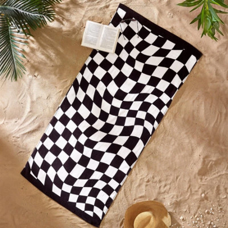 Image of Catherine Lansfield Checkerboard Absorbent Beach Towel Black White