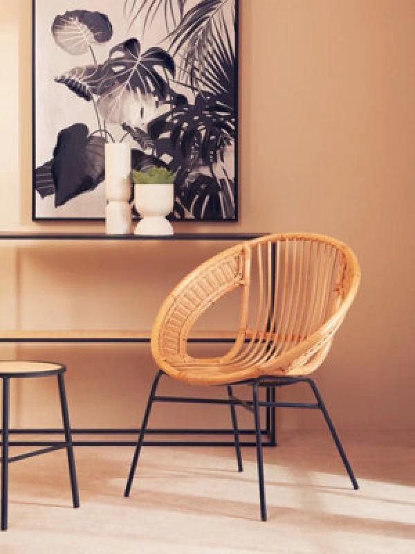 Image of Orsina Comfortable Natural Rattan And Black Iron Arm Chair, Durable Outdoor Chair, Versatile Natural Dining Chair