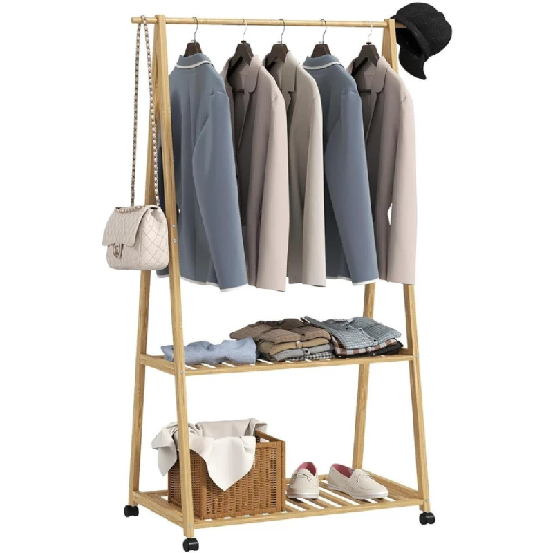 Image of HOMCOM Bamboo Clothes Rail Rack with 2 Storage Shelves - Natural Wood Effect TJ Hughes 5063603874091