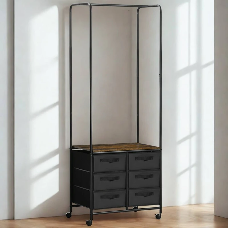 Image of FURNOS Open Wardrobe Clothes Rail With Storage Drawers on Wheels in Brown Brown Unisex