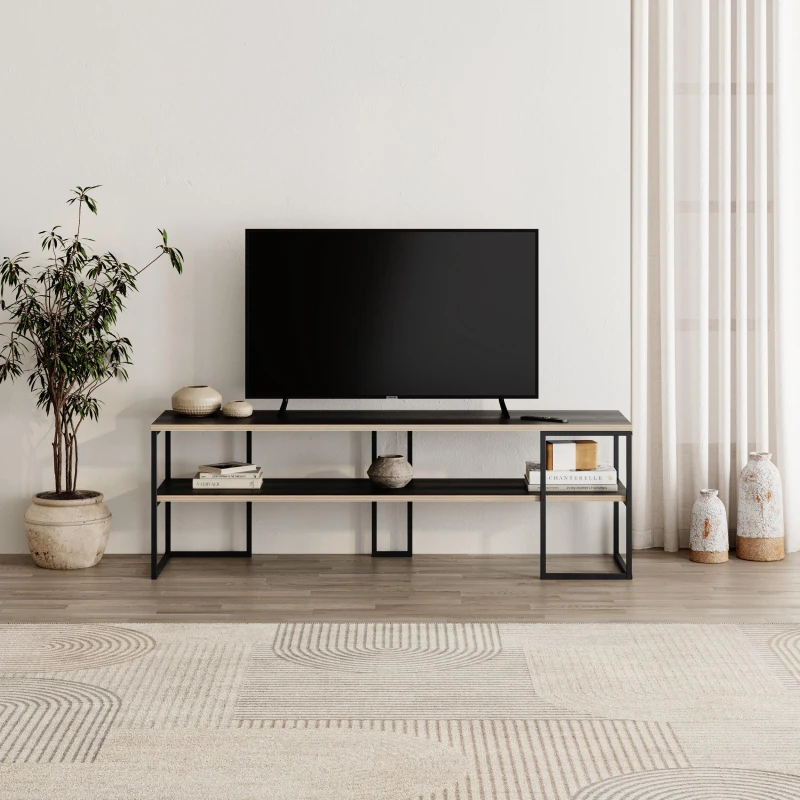 Image of Decortie Black Friday' Modern TV Unit 140cm Open Shelf Metal Frame for 55" TVs Size: 1 Pack Black Unisex 1 Pack