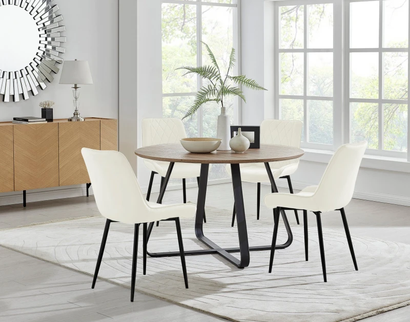 Image of FurnitureboxUK FurnitureboxUK Santorini Brown Round Dining Table And 4 Pesaro Black Leg Chairs in Cream Cream One Size Unisex 5056542640278