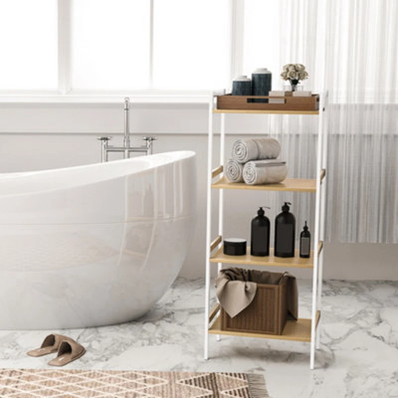 Image of HOMCOM 4-Tier Bamboo Bathroom Storage Shelf with Adjustable Rack - White TJ Hughes Natural 5063603833043