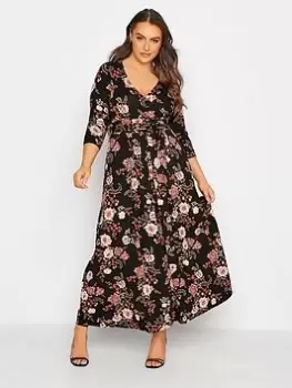 Image of Yours Floral Print Wrap Dress - Black, Size 30-32, Women