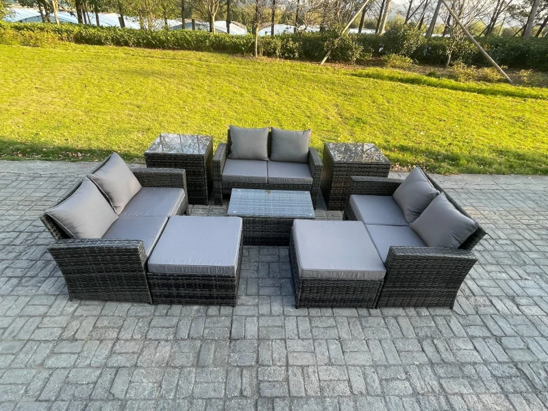 Image of Fimous 8 pc Rattan Sofa Garden Furniture Outdoor Patio Set with 2 Side Tables 2 Big Footstool Love Seat Sofa Dark Grey Mixed Dark Grey Unisex