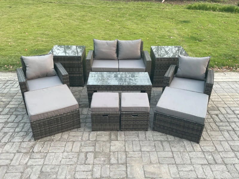 Image of Fimous High Back Rattan Garden Furniture Sofa Sets w/ Rectangular Coffee Table 2 Side Tables Armchair 2 Big Footstool 2 Small Footstools Dark Grey Dar