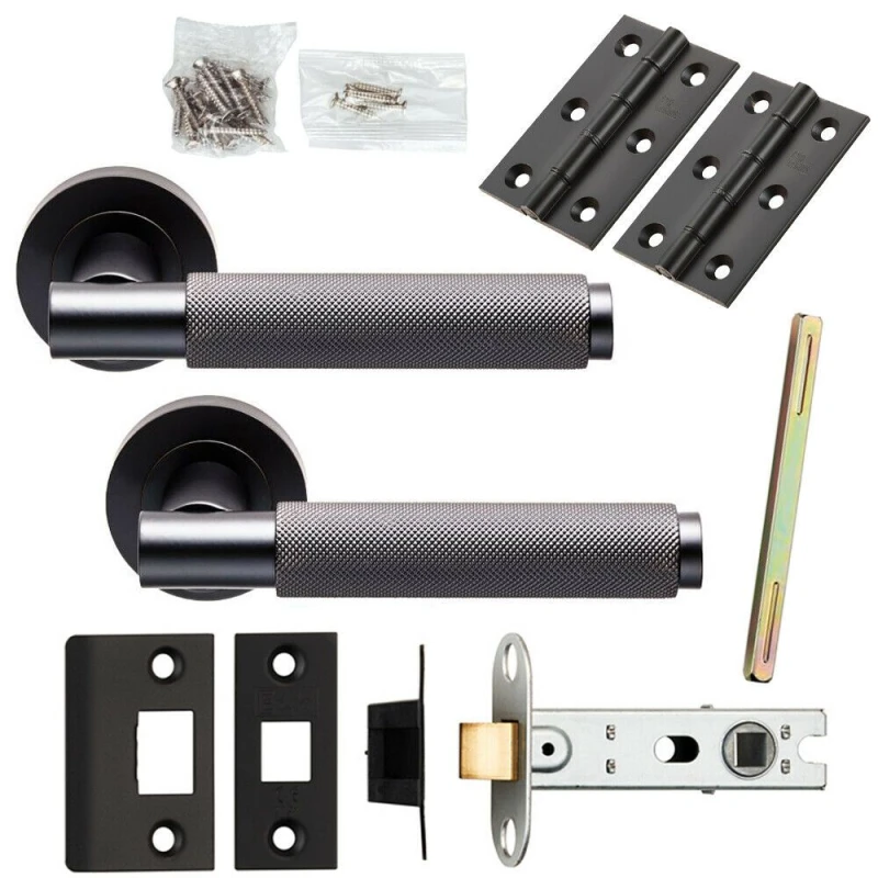 Image of Loops Door Handle & Latch Pack Matt Black Knurled Round Lever Screwless Round Rose Black