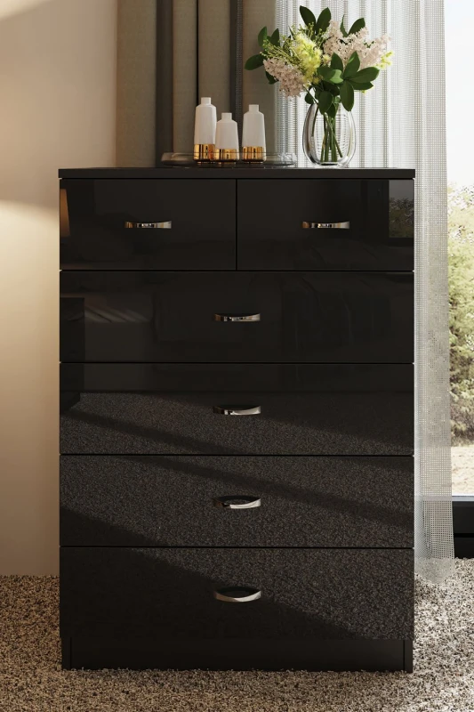Image of FWStyle FWStyle Large 6 Drawer High Gloss Chest Of Drawers in Black One Size Unisex 5056413121271