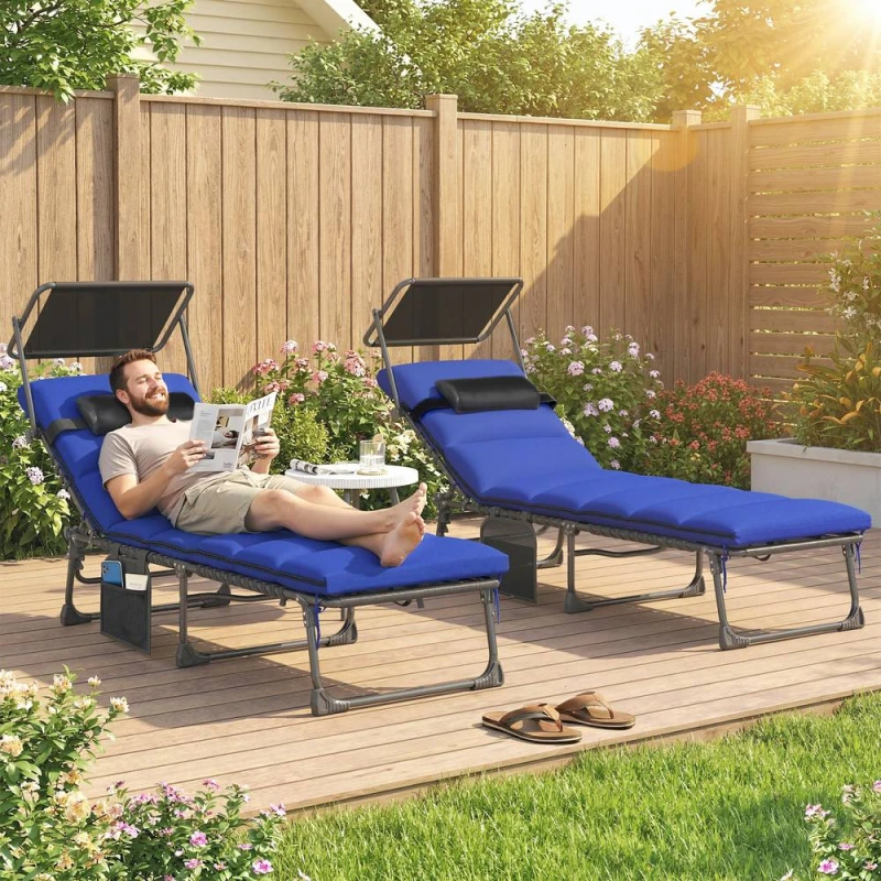 Image of OUTSUNNY Folding Sun Lounger, Sunbed with Canopy in Dark Blue Size: 190cm x 60cm Dark Blue Unisex 190cm x 60 cm