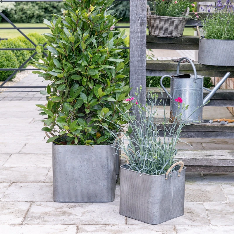 Image of Ivyline Outdoor Galvanised Rope Handle Square Planter Set Of Two, Silver OGRHSP2