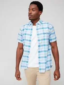 Image of Tommy Hilfiger Tonal Check Short Sleeve Regular Fit Shirt - Blue, Size XL, Men